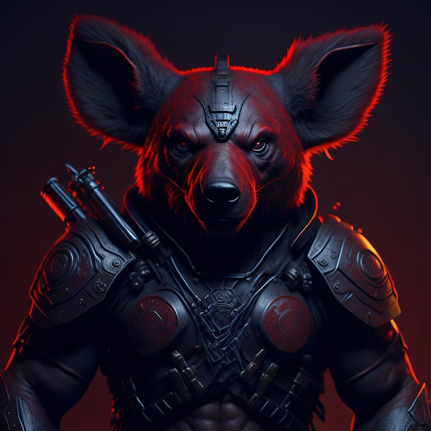 Ein roter Wolf mit einem Schwert und einem Schwert im Maul.