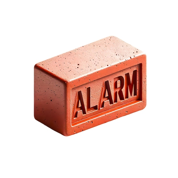 Ein roter Ziegelstein, auf dem das Wort ALARM eingraviert ist, symbolisiert die Warnung.