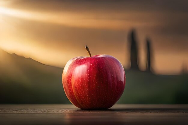 ein rotes Apfel auf einem Tisch mit einem Sonnenuntergang im Hintergrund