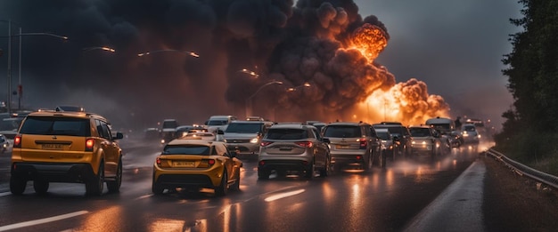 Foto ein rotes auto fährt auf der autobahn vor einer riesigen crash-explosion.