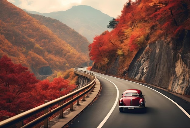 Ein rotes Auto fährt eine mit Herbstblättern bedeckte Straße im Stil pastellfarbener Landschaften entlang