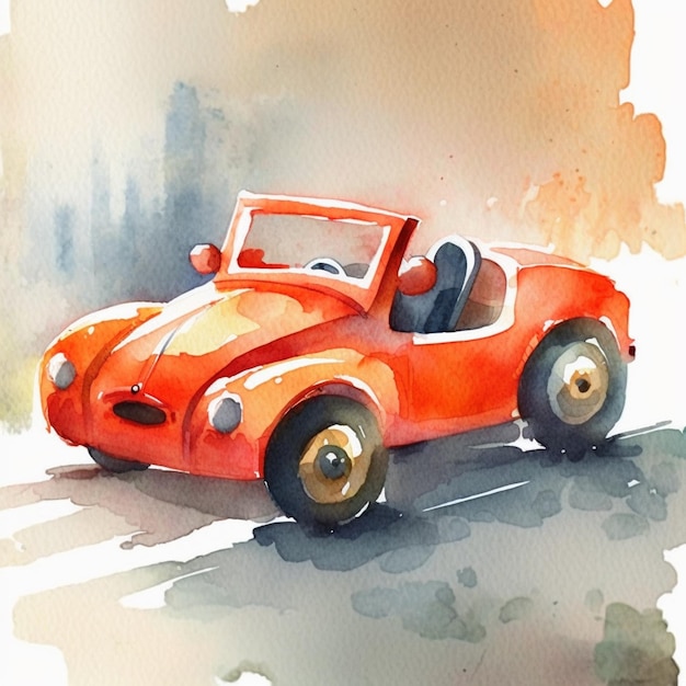 Ein rotes Auto ist in Aquarell gemalt und steht auf einer Straße.