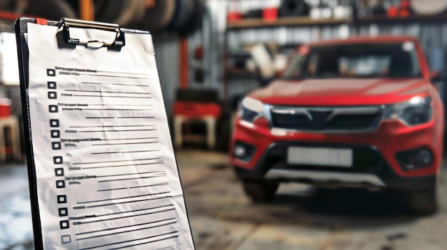 Foto ein rotes auto ist in einer garage mit einem clipboard daneben geparkt