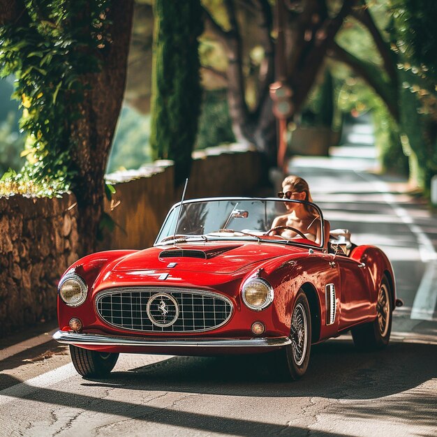 ein rotes Auto und eine schöne Dame fahren auf der Straße von Italien