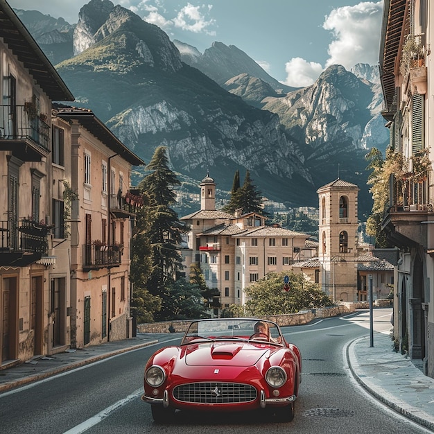 ein rotes Auto und eine schöne Dame fahren auf der Straße von Italien