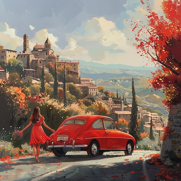 Foto ein rotes auto und eine schöne dame fahren auf der straße von italien