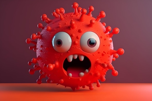 Ein rotes Coronavirus-Modell mit großem Auge und großer Nase.
