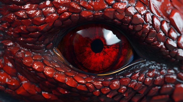 Ein rotes Drachenauge mit einem schwarzen Auge und einem roten Auge