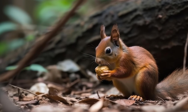 Ein rotes Eichhörnchen frisst eine Nuss im Wald