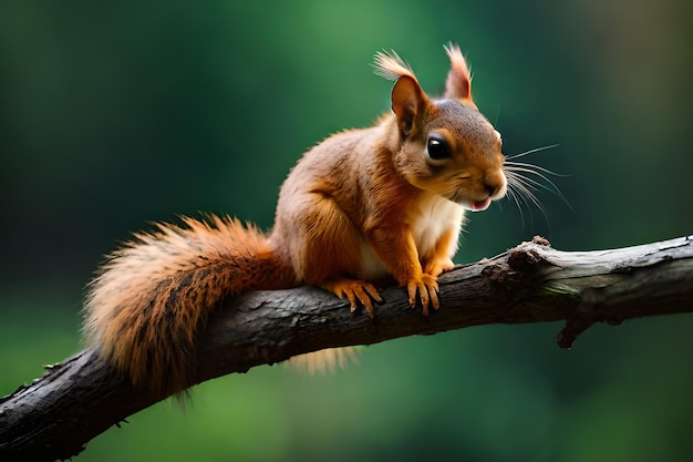 Ein rotes Eichhörnchen sitzt auf einem Ast in einem Wald.