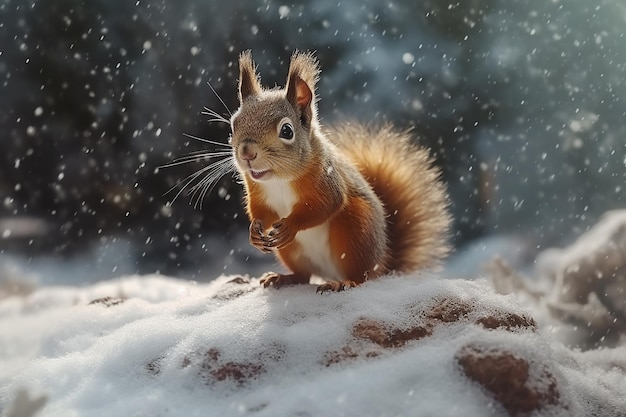 Ein rotes Eichhörnchen sitzt auf einem schneebedeckten Baumstamm im Schnee.