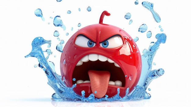 Ein rotes Emoji mit einem offenen Mund, das seine Zunge herausstreckt, ist traurig oder wütend und es gibt blaue Wasserspritzungen unter ihm auf einem weißen Hintergrund