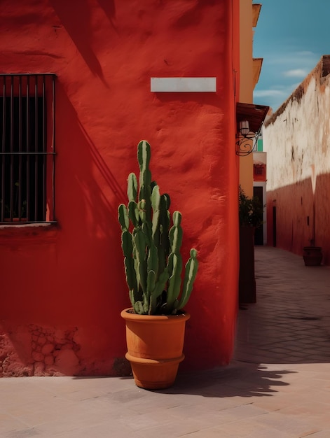 Ein rotes Gebäude mit einem Kaktus darin