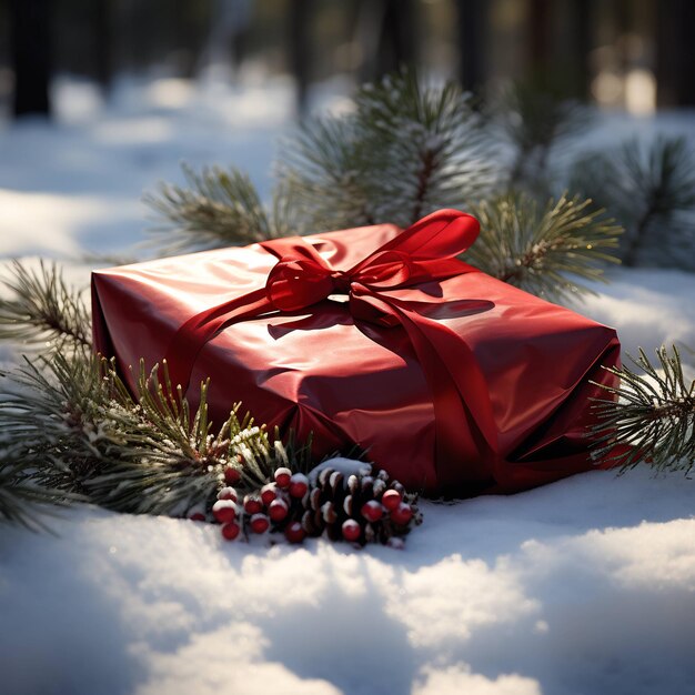 Ein rotes Geschenk, verpackt in einer roten Geschenkbox, liegt im Schnee