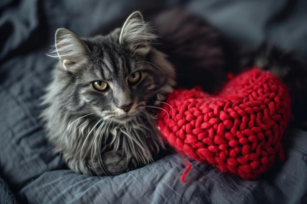 Ein rotes gestricktes Herz in den Pfoten einer Katze Eine Postkarte mit einer grauen und schwarzen flauschigen Katze