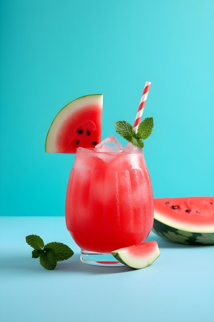 Ein rotes Getränk mit einem Strohhalm und einem weiß-roten Strohhalm mit dem Wort „Wassermelone“ darauf.