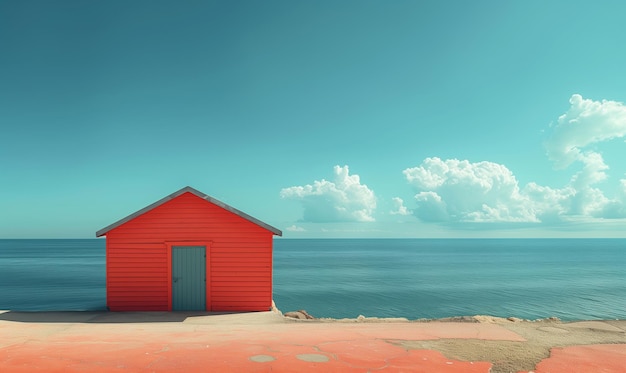 ein rotes Haus am Strand mit einer blauen Tür