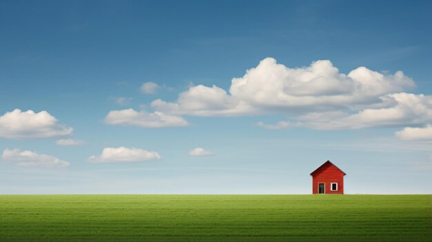 ein rotes Haus auf einer grünen Wiese mit blauem Himmel