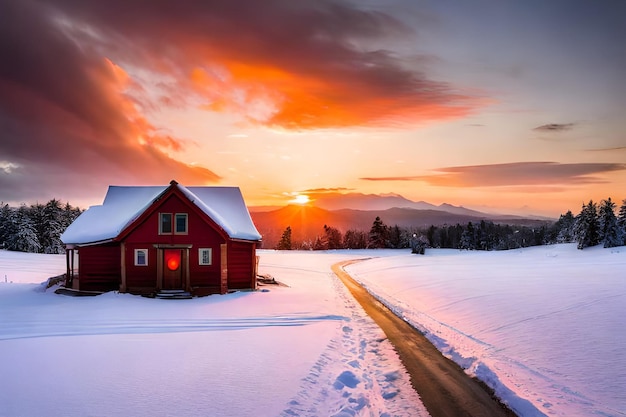 Ein rotes Haus im Schnee, hinter dem die Sonne untergeht