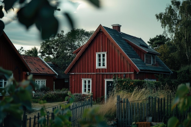 Ein rotes Haus mit schwarzem Dach und weißen Fenstern