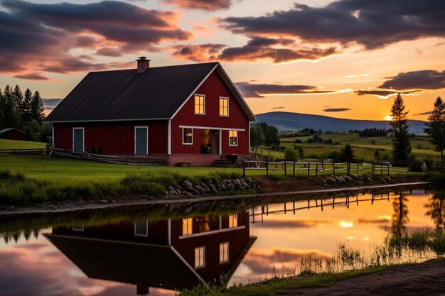 ein rotes Haus sitzt auf einem üppig grünen Feld