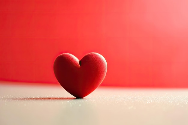 Ein rotes Herz liegt auf einem Tisch mit rotem Hintergrund.