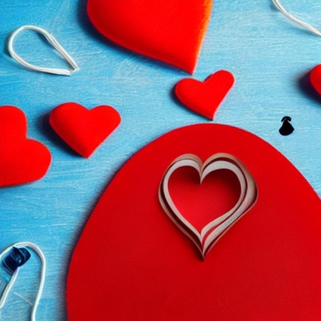 Ein rotes Herz mit einem roten Herz darauf ist von anderen Gegenständen umgeben.