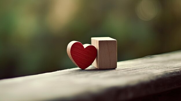 Ein rotes Herz und ein Holzblock stehen auf einem Holztisch.