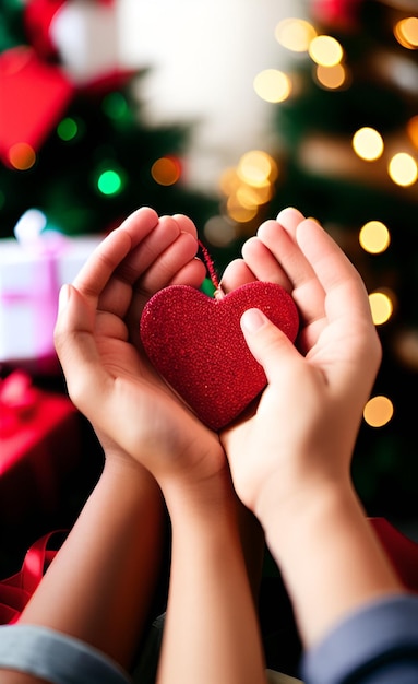 Ein rotes Herz vor einem Weihnachtsbaum