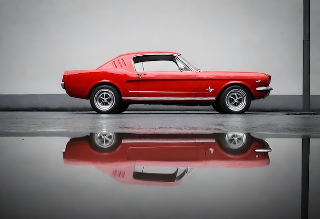 Ein rotes klassisches Auto, das neben einer Wand mit seiner Reflexion auf einem Wasserbecken geparkt ist