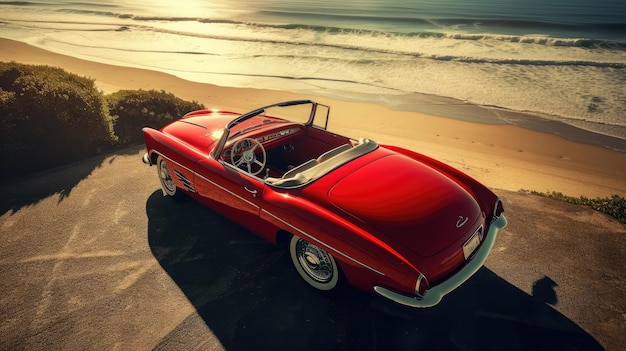 Ein rotes Mercedes-Benz Cabrio steht am Strand.