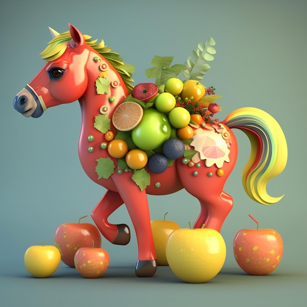 Ein rotes Pferd mit einem Pferd auf dem Rücken und Früchten auf dem Rücken.