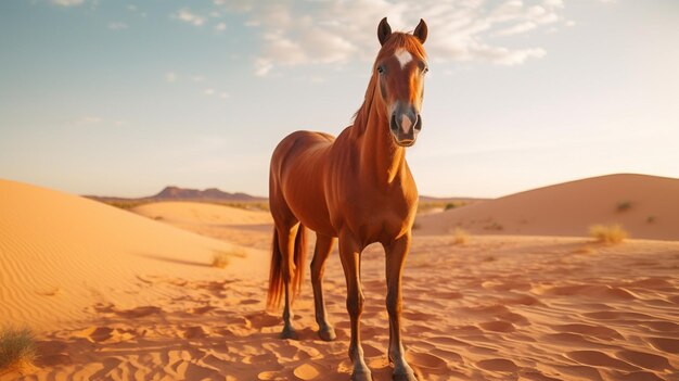 Ein rotes Pferd steht auf dem Sand