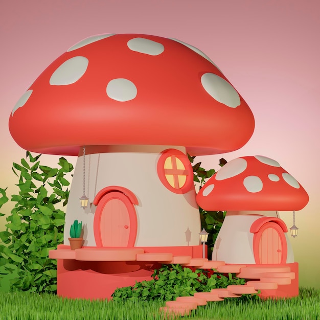 ein rotes Pilzhaus mit einem roten Pilz auf der Vorderseite