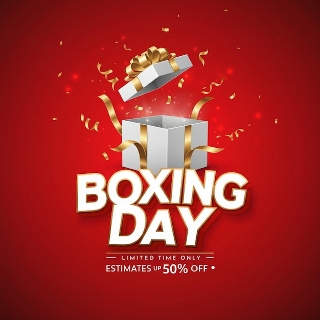 ein rotes Poster für den Boxtag mit goldenem Konfetti im Hintergrund