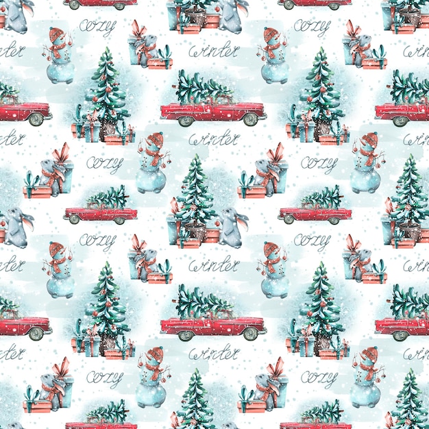 Ein rotes Retro-Auto mit einem Weihnachtsbaum auf dem Dach mit Schneemännern, Hasen und Geschenken Aquarellillustration Nahtloses Muster auf weißem Hintergrund aus einer Reihe von COSY WINTER für Neujahr und Weihnachten