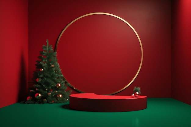 Ein rotes rundes Podium mit einem Weihnachtsbaum im Hintergrund.