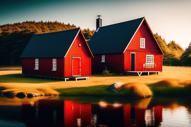 Ein rotes skandinavisches Haus mit schwarzem Dach und weißem Dach