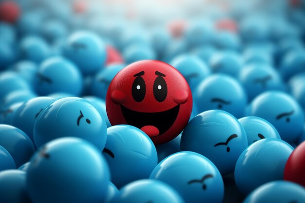 ein rotes Smiley-Gesicht, umgeben von blauen Kugeln