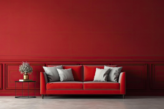 Ein rotes Sofa steht im Innenraum eines Wohnzimmers und bietet Platz für Nachbildungen. Dies ist eine Darstellung