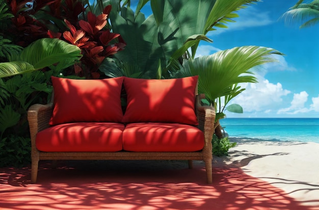Ein rotes Sofa vor dem Hintergrund eines Sandstrandes neben dem Ozean mit Palmen. Generative KI