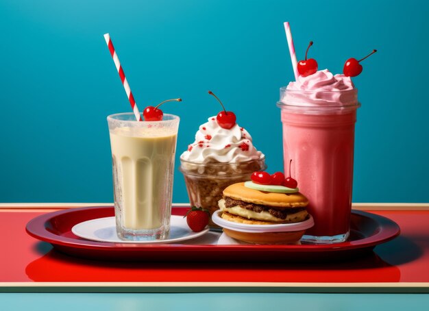 Ein rotes Tablett mit Pfannkuchen und Milchshakes, isoliert auf blauem Hintergrund Milchshake in Glas mit Stroh