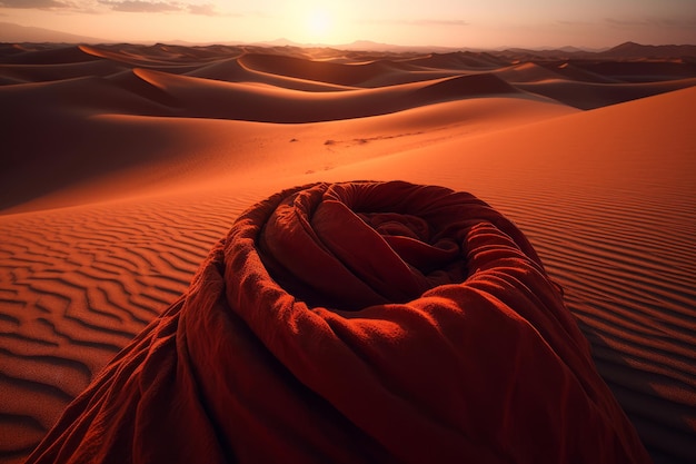 Ein rotes Tuch in der Wüste bei Sonnenuntergang