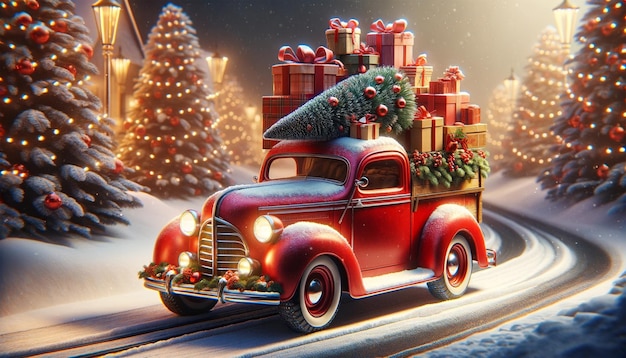 ein rotes Vintage-Auto mit Geschenkkisten und einem Weihnachtsbaum auf der Spitze