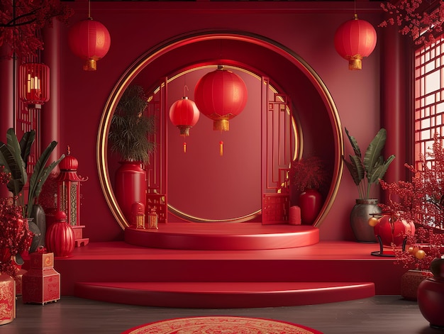 Ein rotes Zimmer mit einem runden Spiegel und roten Dekorationen