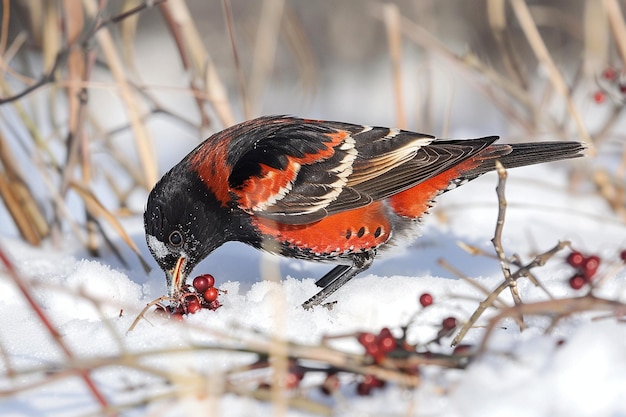Ein Rotflügel sucht nach Beeren im Schnee