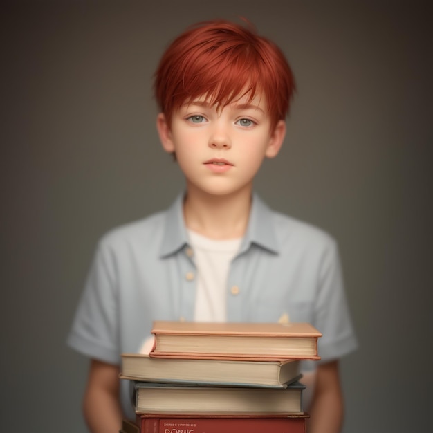 ein rothaariger Junge hält einen Stapel Bücher.