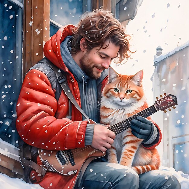 Ein rothaariger Typ mit einer Gitarre ist ein Straßenmusiker und eine rote Katze im Winter auf der Straße