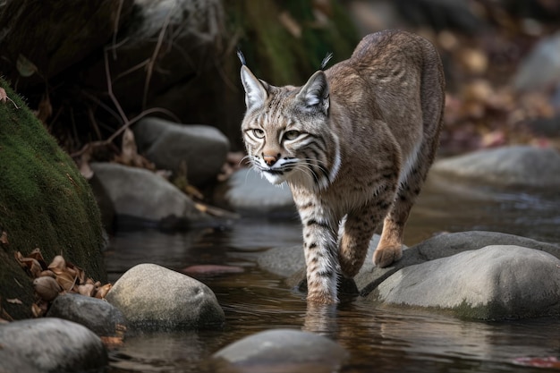 Ein Rotluchs jagt Beute in der Nähe eines Gebirgsbachs. Generative KI