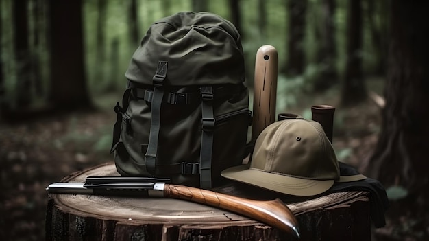 Ein Rucksack, ein Hut und ein Stock liegen auf einem Tisch in einem Wald.